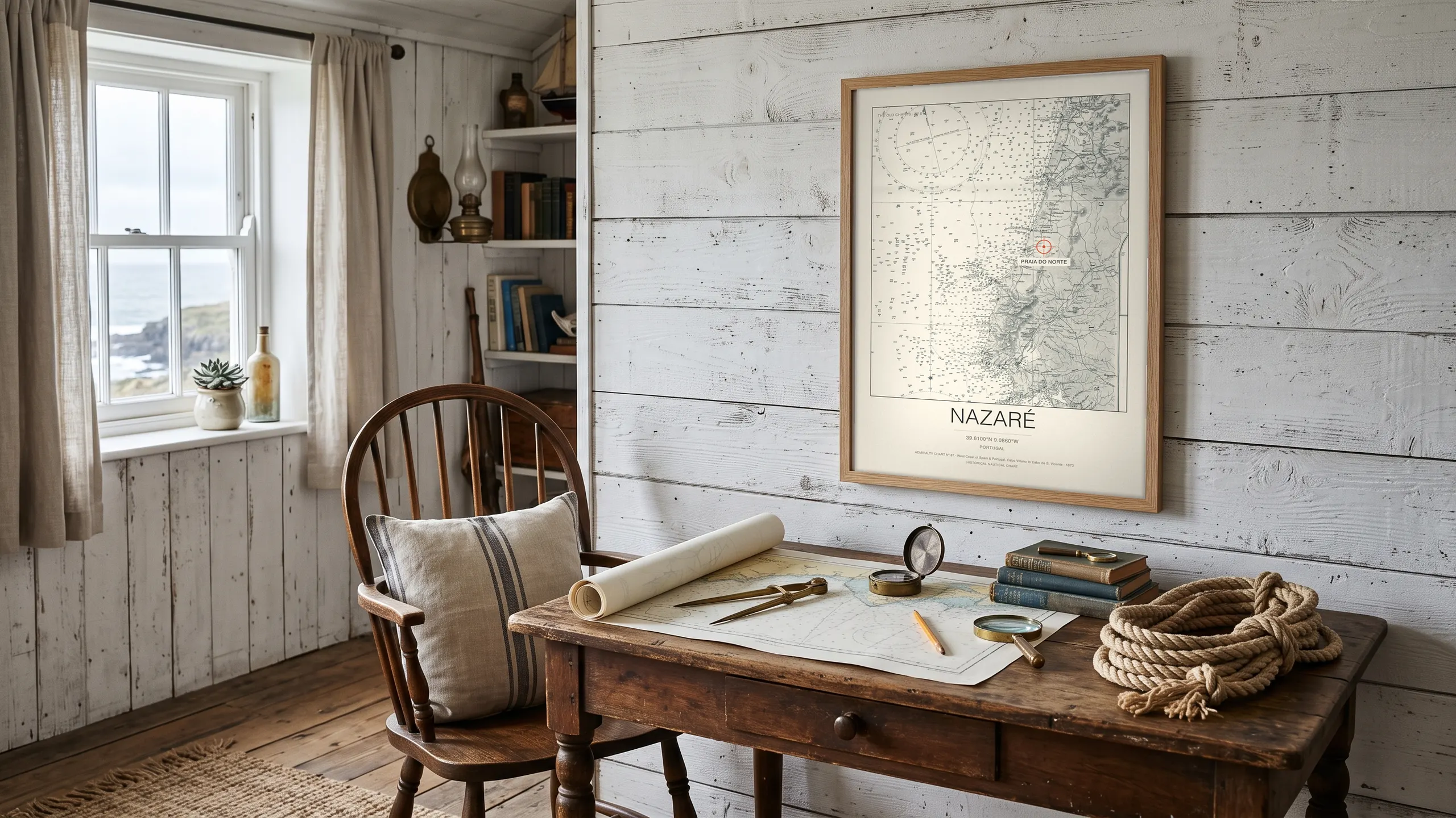 An antique nautical chart framed on a wall