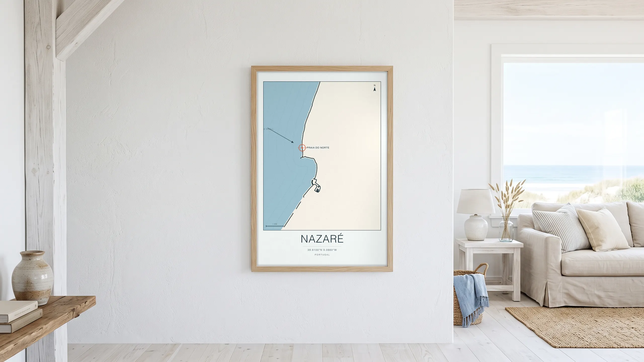 Nazaré surf map framed in a beach house