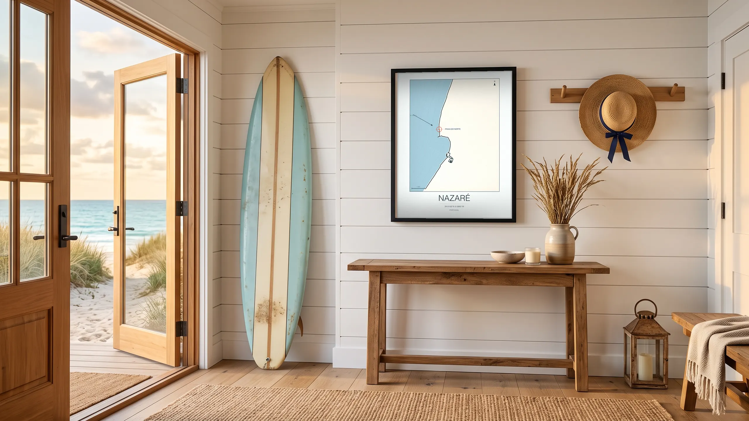 Nazaré surf map framed in a beach house entryway